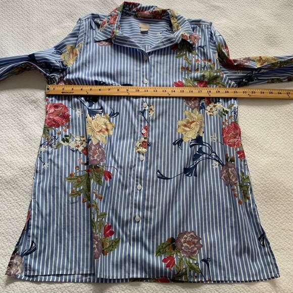 Chicos No Iron Blue White Striped Floral Button Down Shirt Womens Size 2 12/14 - Picture 9 of 10